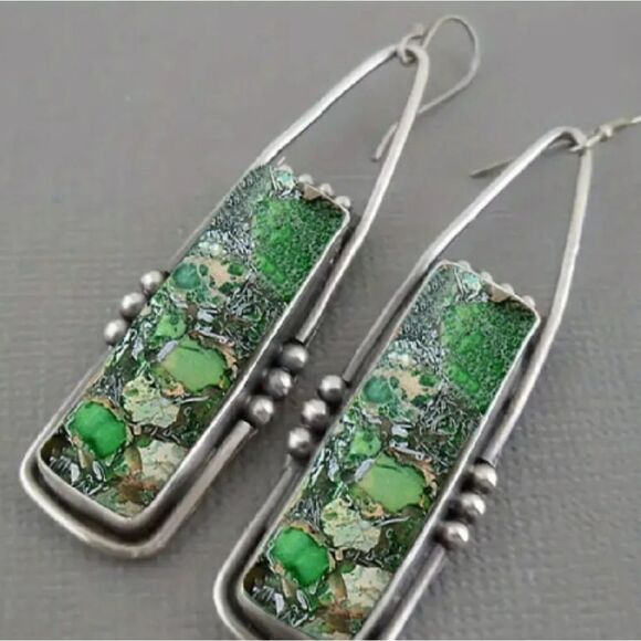 Hand Crafted Green Stone Earrings - Picture 1 of 8